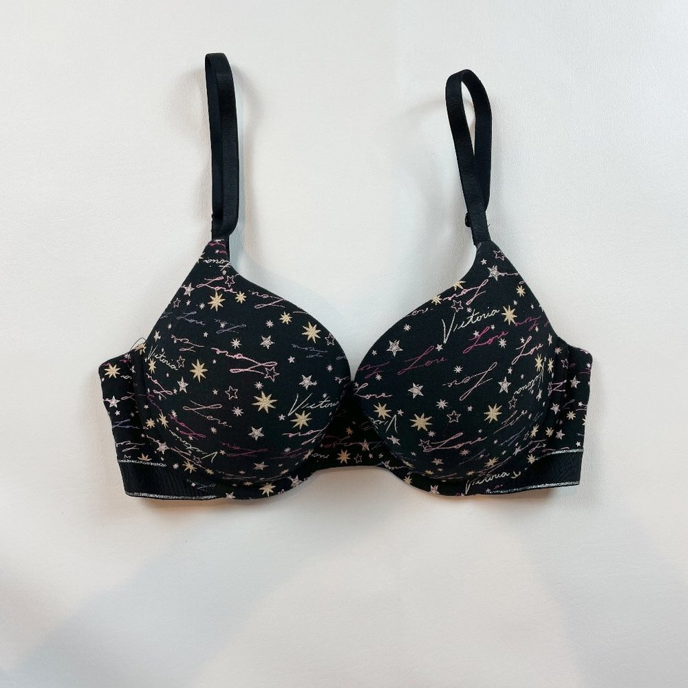 NWOT Victoria's Secret Bra 34D T-Shirt Push-Up Full Coverage Black Logo B1232
